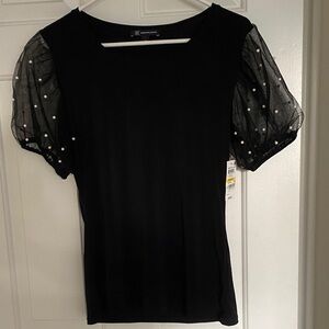INC International Concepts Black Blouse with Sheer Pearl Sleeves